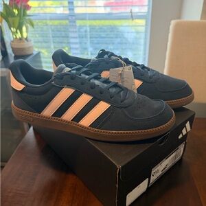 adidas Navy Suede Sneakers with Pink Stripes and Gum Sole